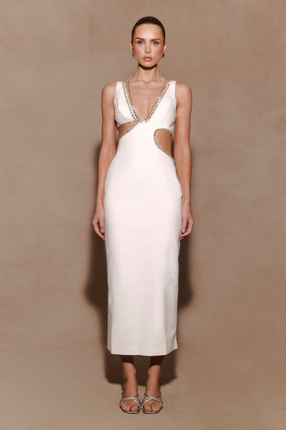 Henny Diamante Trim Cut Out Midi Dress - White