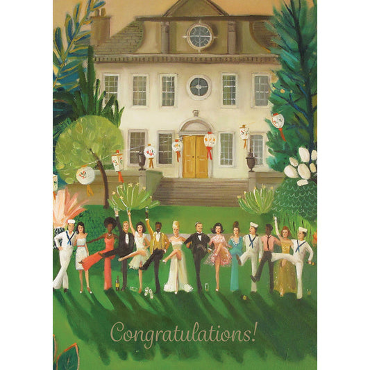 A painterly illustration of a row of partygoers in vintage clothes kicking a leg up on the lawn of a lush estate, with party lanterns bringing the celebration to life. The card reads "Congratulations!" in gold script across the bottom.