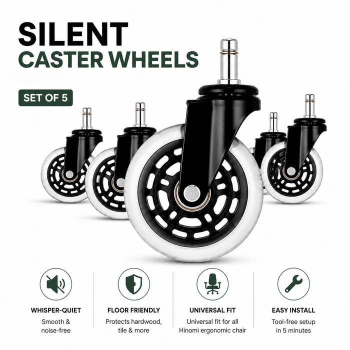 Hinomi Silent Wheels (Set of 5) - Quiet & Smooth-Gliding Replacement Casters for Chairs