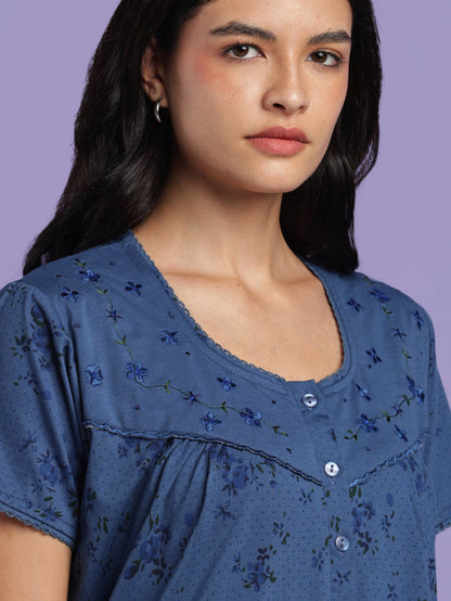 Indigo floral cotton blend nightydress for women online