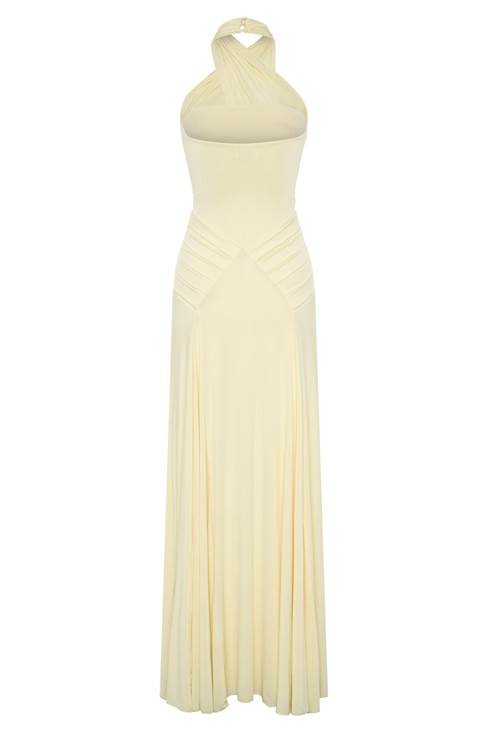 Indira Gathered Slinky Halter Maxi Dress - Lemon