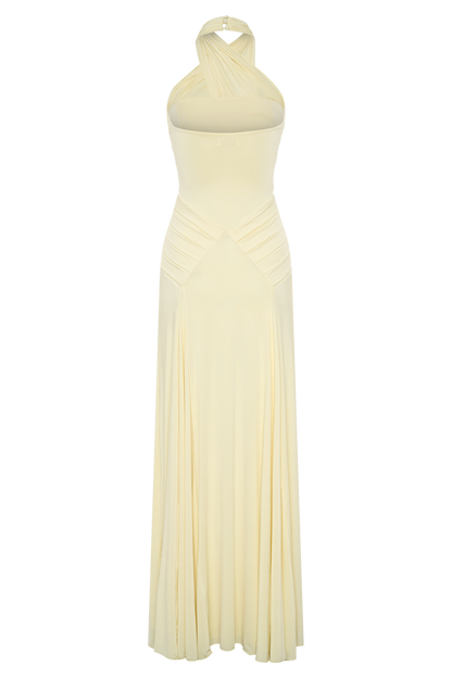 Indira Gathered Slinky Halter Maxi Dress - Lemon