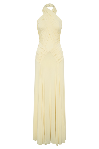 Indira Gathered Slinky Halter Maxi Dress - Lemon