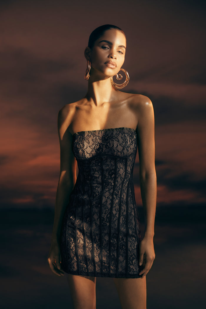 Jeannette Panelled Lace Mini Dress - Black