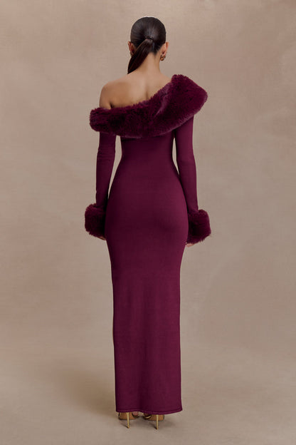 Karleigh Faux Fur Knit Maxi Dress - Plum
