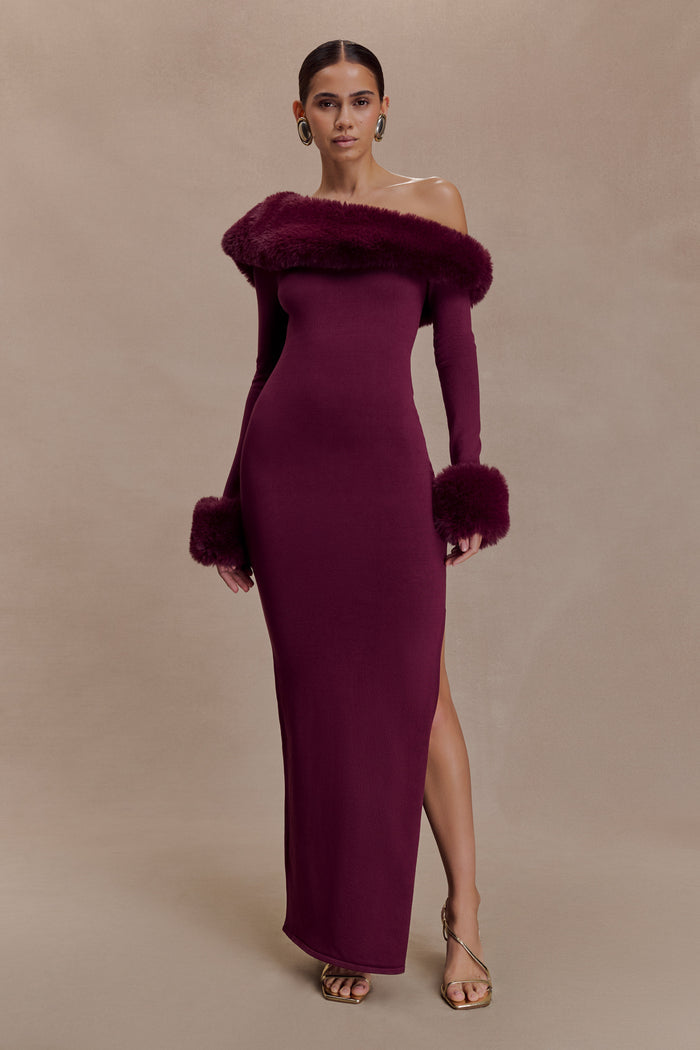 Karleigh Faux Fur Knit Maxi Dress - Plum