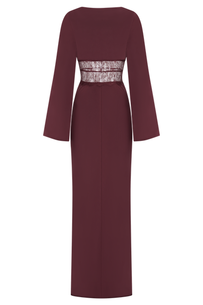 Kaya Long Sleeve Satin And Mesh Maxi Dress - Wine