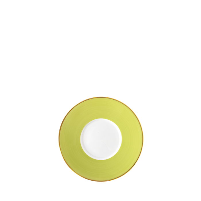 Round bread and butter plate with bright green rim and white center, accented with thin gold edge.