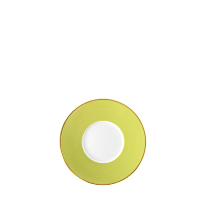 Round bread and butter plate with bright green rim and white center, accented with thin gold edge.