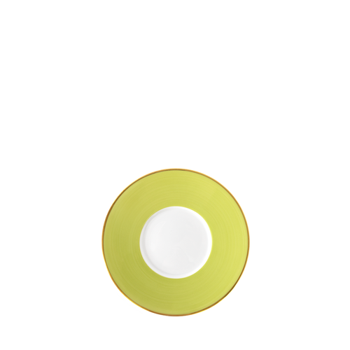 Round bread and butter plate with bright green rim and white center, accented with thin gold edge.