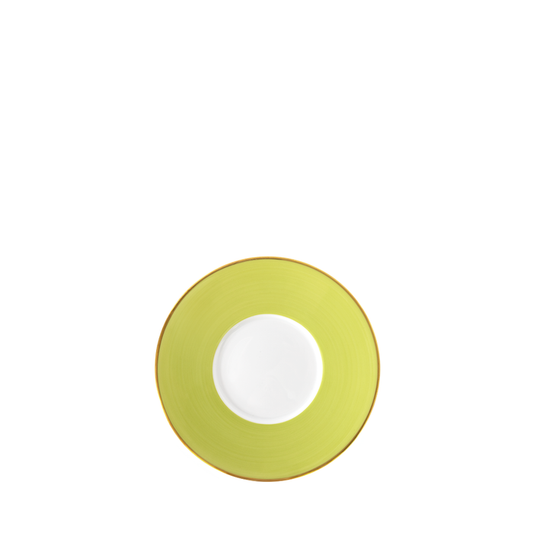 Round bread and butter plate with bright green rim and white center, accented with thin gold edge.