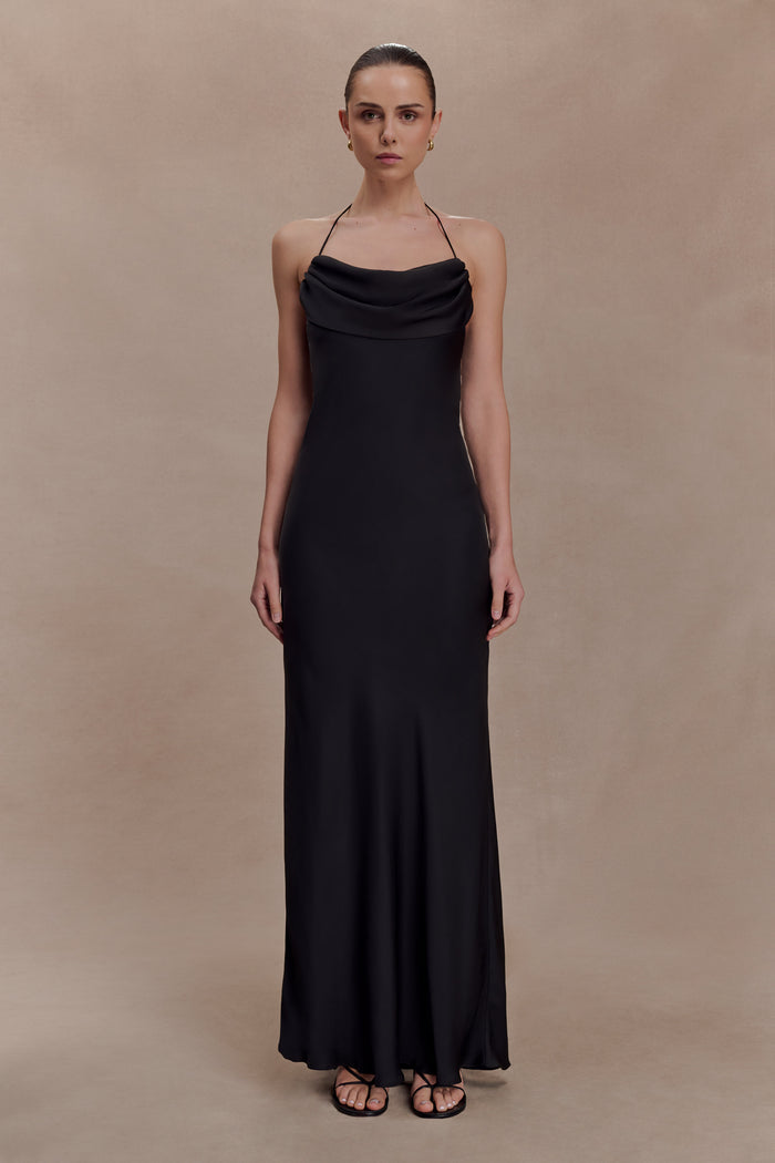 Lydia Cowl Neck Satin Maxi Dress - Black