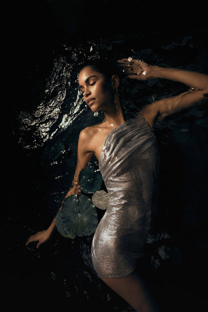 Lyle One Shoulder Glow Mesh Mini Dress - Silver