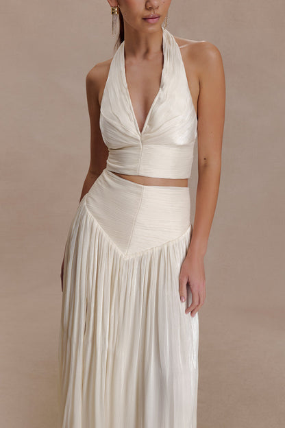 Makena Gathered V Neck Top - Opal White