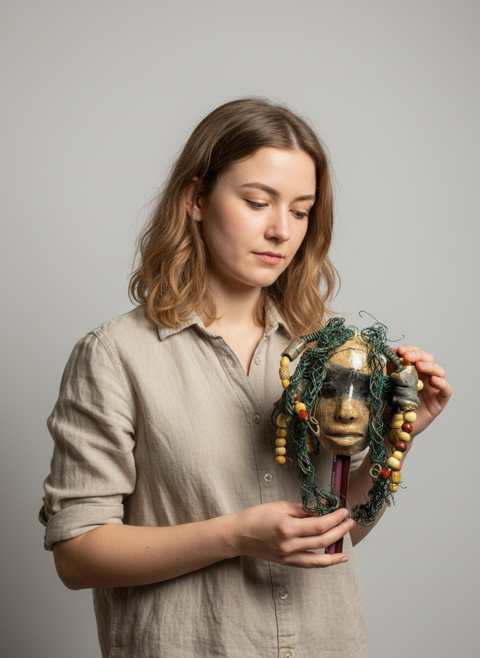 Woman holding a decorative mask with beads against a plain background
