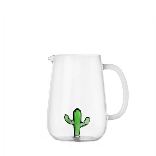 Clear glass pitcher with a green cactus illustration and a curved handle.