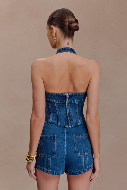 Meadow Denim Corset Halter Top - Dark Blue
