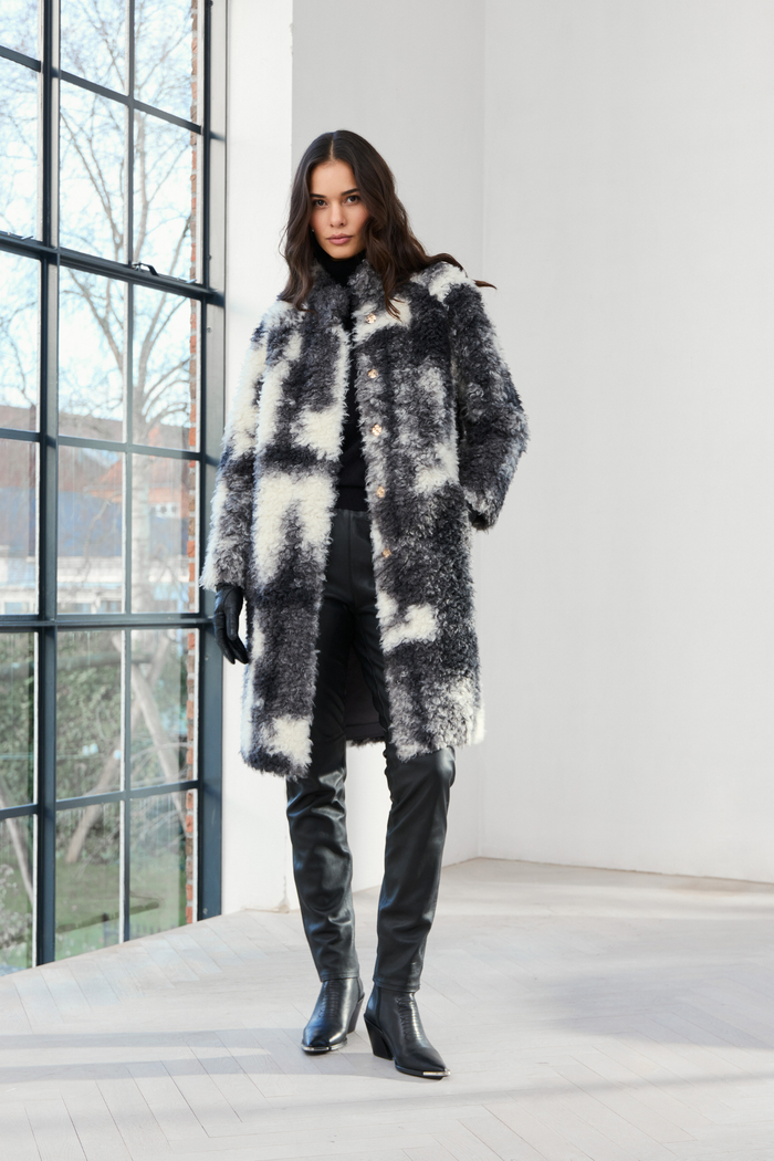 Shop the MICHA Black, Grey & Cream Faux Fur Long Coat at Dotique. A striking textured winter coat with an abstract monochrome design and longer length.