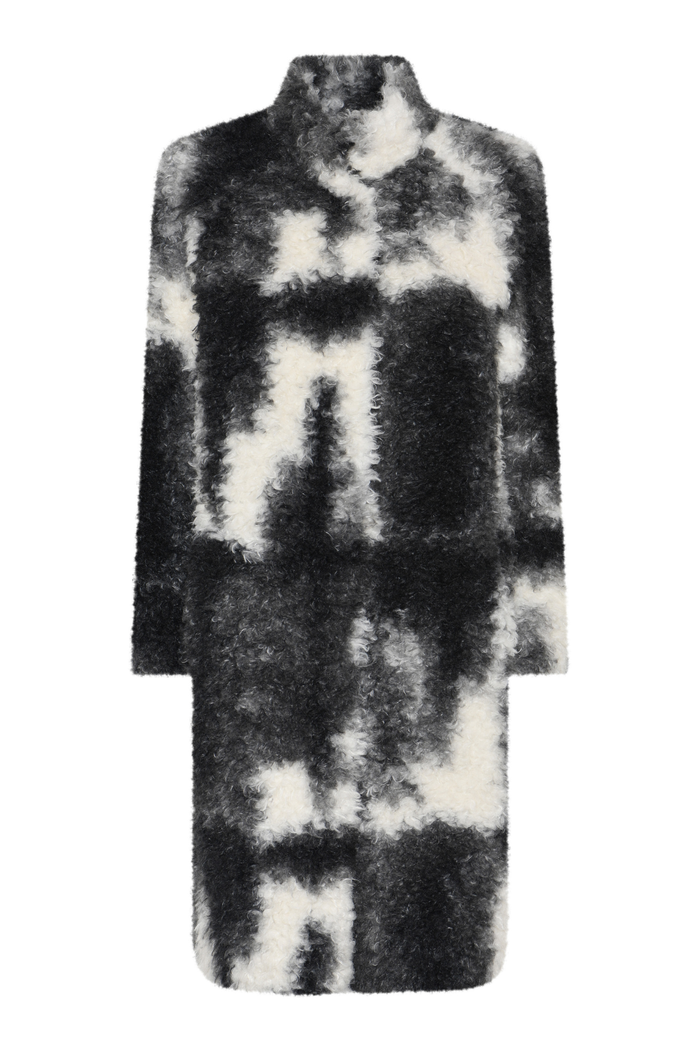 Shop the MICHA Black, Grey & Cream Faux Fur Long Coat at Dotique. A striking textured winter coat with an abstract monochrome design and longer length.
