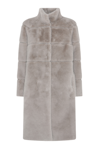 Shop the MICHA Long Faux Fur Coat at Dotique. A beautifully soft neutral winter coat with a high collar and elegant longline silhouette.