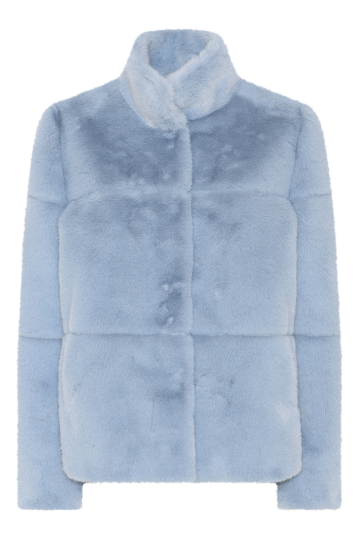 Shop the MICHA Pale Blue Faux Fur Jacket at Dotique. A beautifully soft short winter jacket in pale blue with a cosy high collar and panelled finish.