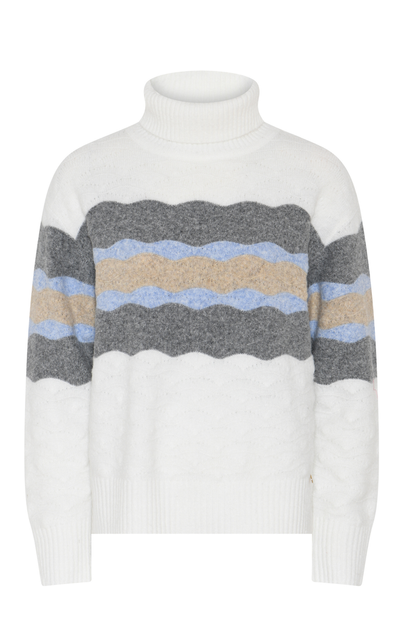 Shop the MICHA Cream Striped Roll Neck Jumper at Dotique. A cosy women's knit featuring wavy charcoal, pale blue and camel stripes on a soft cream base.