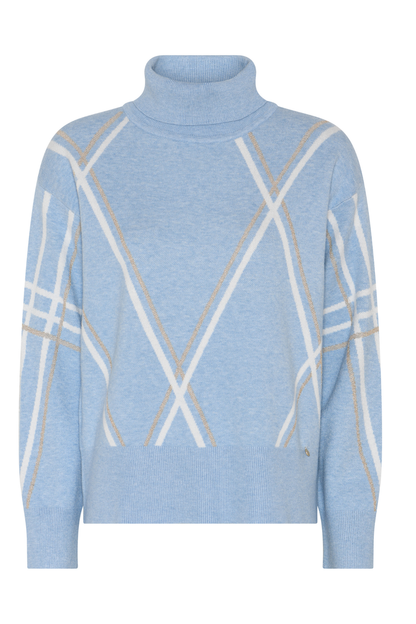 Shop the MICHA Pale Blue Roll Neck Jumper at Dotique. A soft women's knit with a roll neck and cream and camel linear pattern, perfect paired with denim.