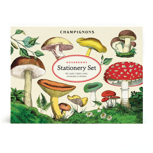 Cavallini Papers & Co Mushroom Stationery Set featuring various types of mushrooms.
