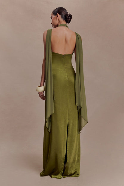 Myla Draped Shoulders Satin Maxi Dress - Khaki
