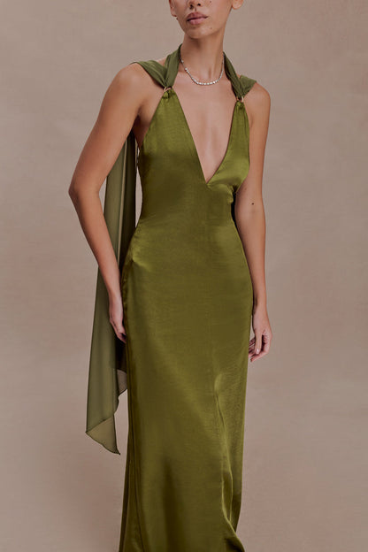 Myla Draped Shoulders Satin Maxi Dress - Khaki