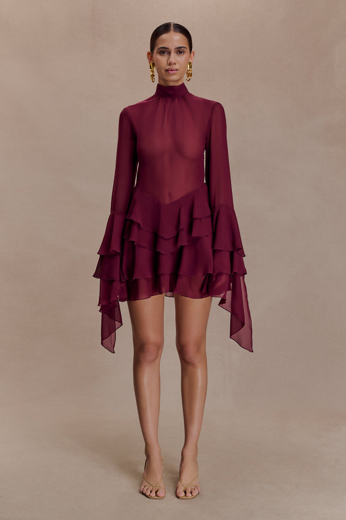 Nimah Chiffon Ruffle Mini Dress - Wine