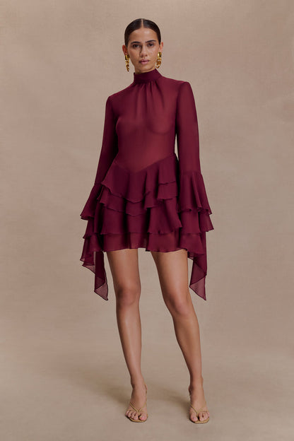 Nimah Chiffon Ruffle Mini Dress - Wine