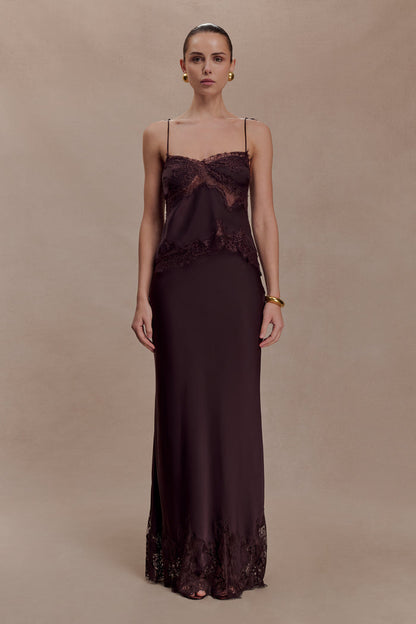 Nina Satin And Lace Maxi Skirt - Chocolate