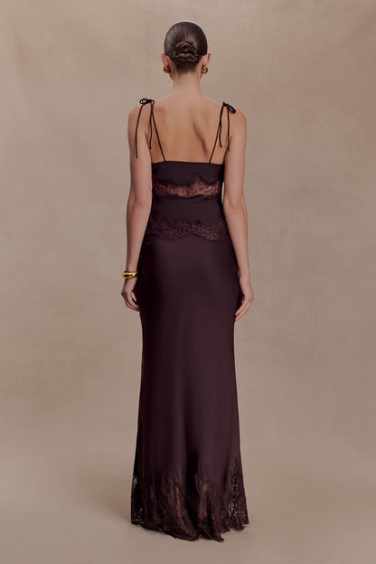 Nina Satin And Lace Maxi Skirt - Chocolate