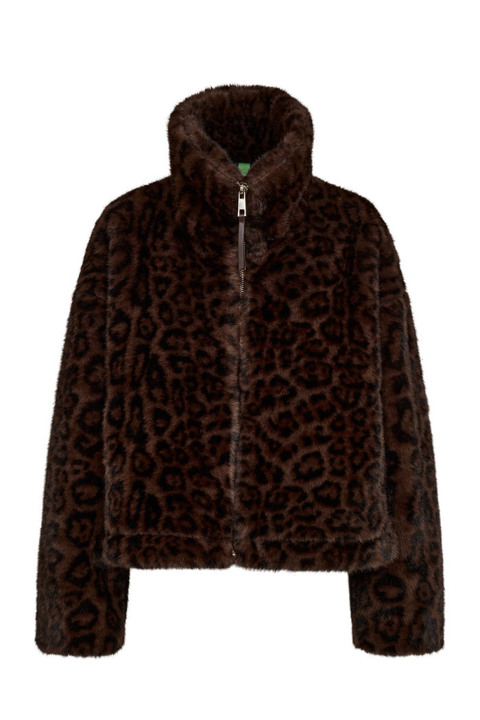 A brown faux fur jacket with a dark brown leopard print pattern, featuring a high collar and front zipper, shown against a plain white background.