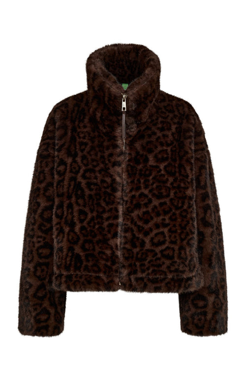 A brown faux fur jacket with a dark brown leopard print pattern, featuring a high collar and front zipper, shown against a plain white background.