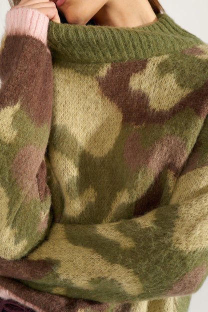 Close-up of fuzzy camo pattern on Numph 707195 Nucamu Jumper Calla Green by Numph, shop Numph at Dotique