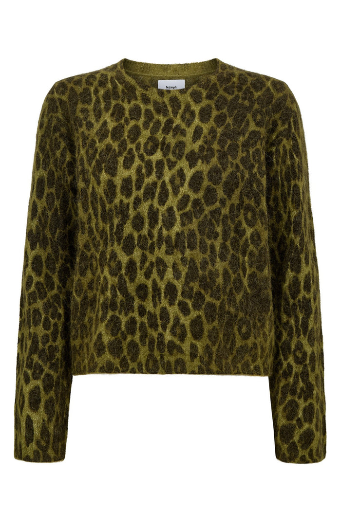 Front view of Numph 707215 Nuriette Leo Jumper Calla Green by Numph, shop Numph at Dotique for knitwear options