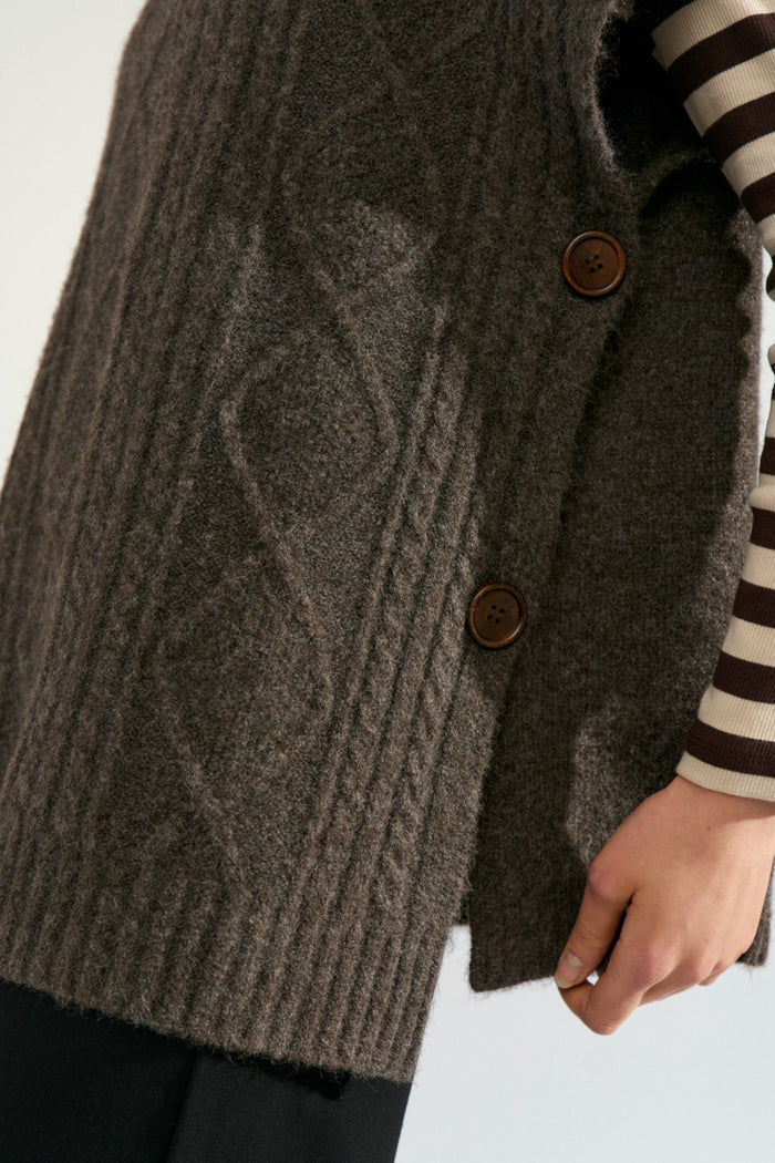 Close-up of knit texture and wooden buttons on Numph 707241 Nujoline Poncho Black Coffee by Numph, shop the vendor at Dotique