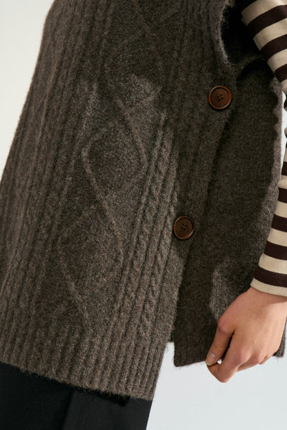 Close-up of knit texture and wooden buttons on Numph 707241 Nujoline Poncho Black Coffee by Numph, shop the vendor at Dotique