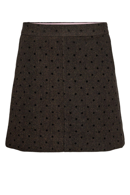 Shop the Nümph NUAMIA Skirt in Black Coffee at Dotique. A chocolate brown A-line mini skirt with black polka dots and a wool blend finish.