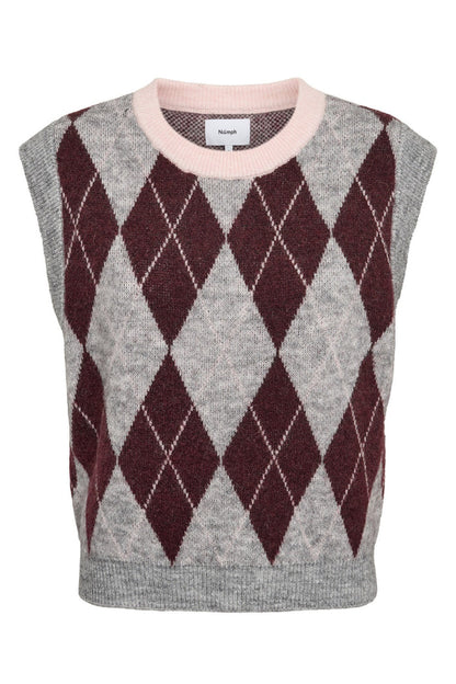 Shop the Nümph NUTIKLA Vest in Medium Grey Melange at Dotique. A wool blend argyle knitted vest in grey and burgundy with a contrasting pink neckline.