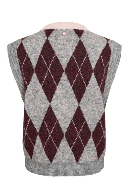 Shop the Nümph NUTIKLA Vest in Medium Grey Melange at Dotique. A wool blend argyle knitted vest in grey and burgundy with a contrasting pink neckline.
