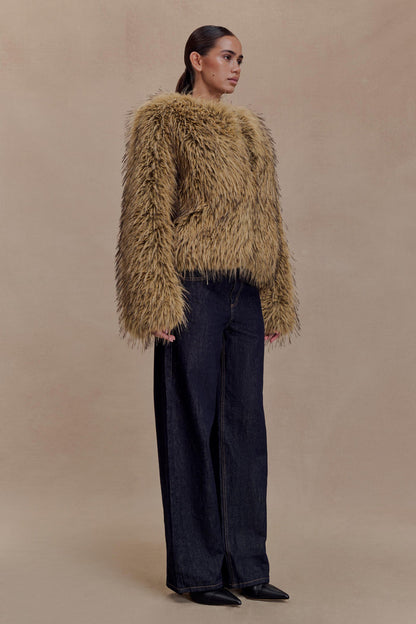 Ottie Mongolian Faux Fur Cropped Jacket - Brown Multi