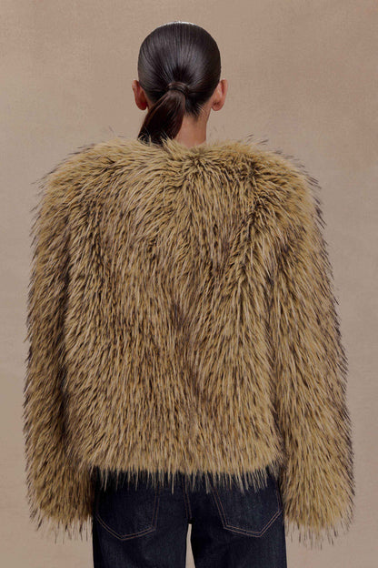 Ottie Mongolian Faux Fur Cropped Jacket - Brown Multi
