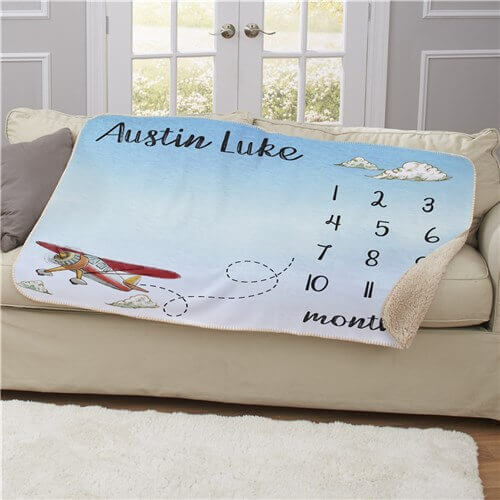 Personalized Airplane Baby Monthly Milestone 50x60 Sherpa Blanket