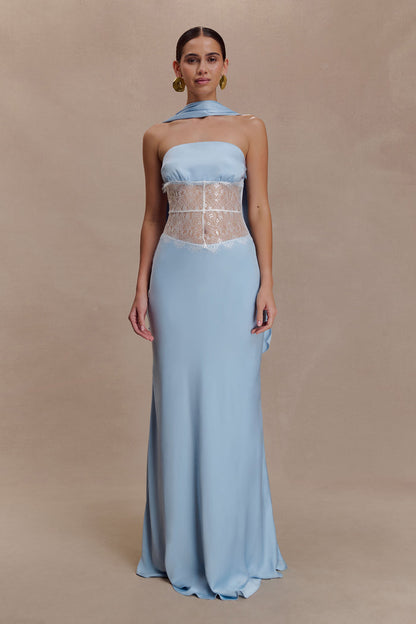 Pilar Strapless Satin And Lace Maxi Dress - Cornflower Blue