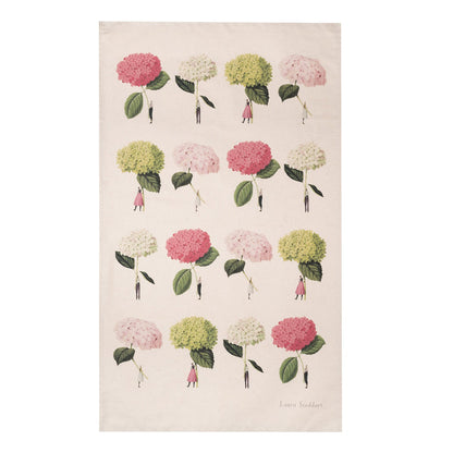 A natural linen tea towel featuring a grid of 16 illustrations of small people holding gigantic hydrangea blooms by the stems, in pink, white and green.