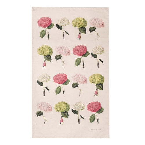 A natural linen tea towel featuring a grid of 16 illustrations of small people holding gigantic hydrangea blooms by the stems, in pink, white and green.