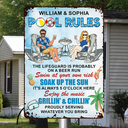 Pool Rules Enjoy The Music Grilling And Chilling Gift For Couples Personalized Custom Metal Sign